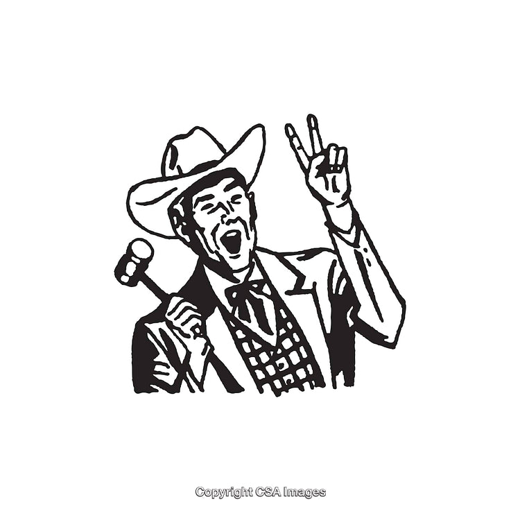 Vintage Black and White Drawing of an Auctioneer Gesturing Enthusiastically