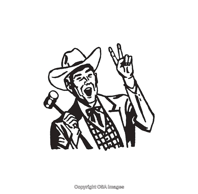 Vintage Black and White Drawing of an Auctioneer Gesturing Enthusiastically
