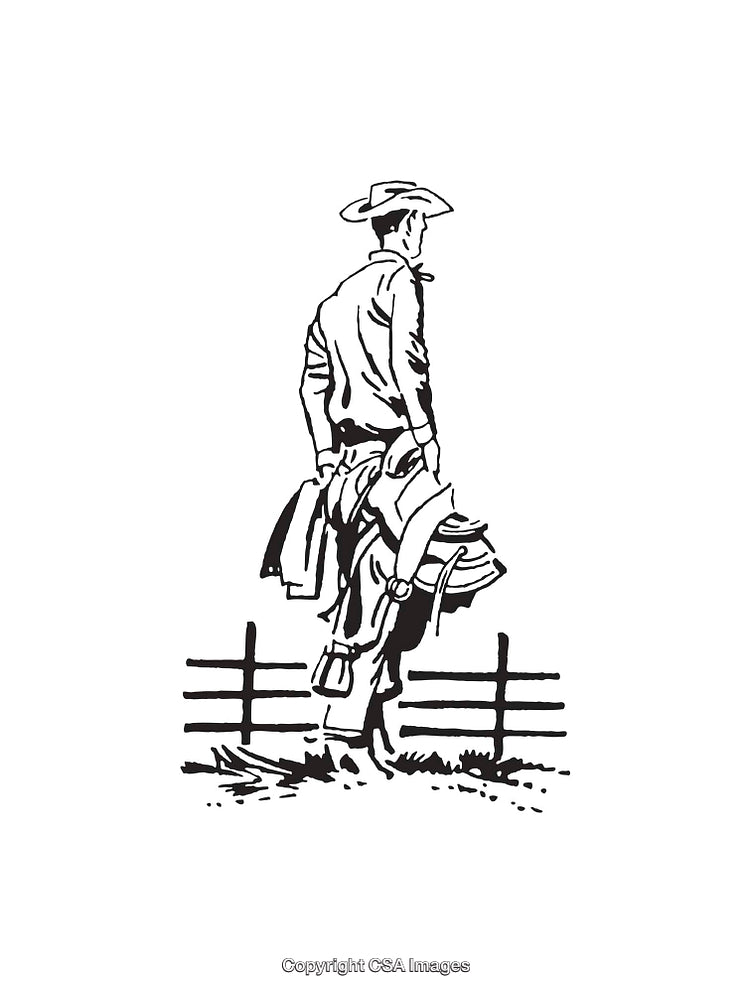 Black and White Line Art of a Cowboy and Fence