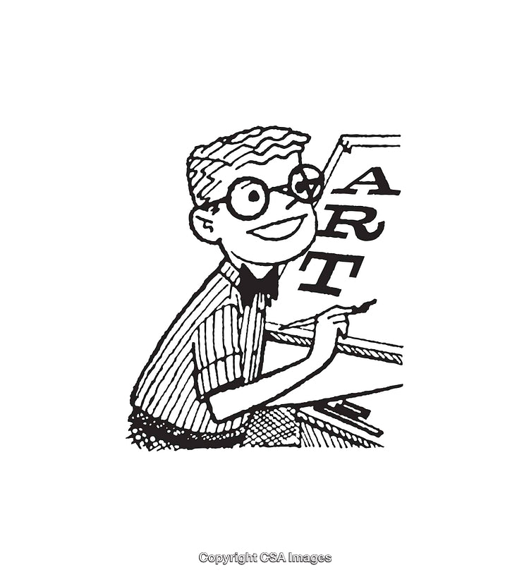 Retro Line Art of a Happy Artist Drawing in Black and White