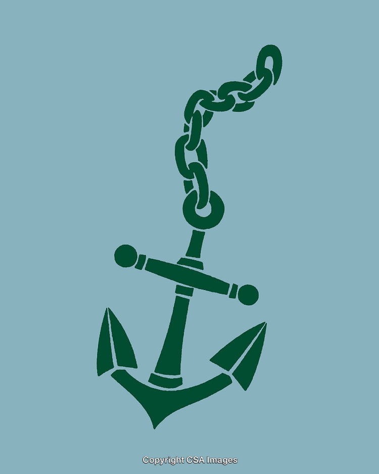 Green Anchor with Chain on a Light Blue Background