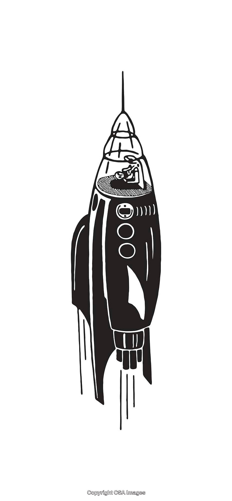 Vintage Black and White Rocket and Pilot Line Art Illustration