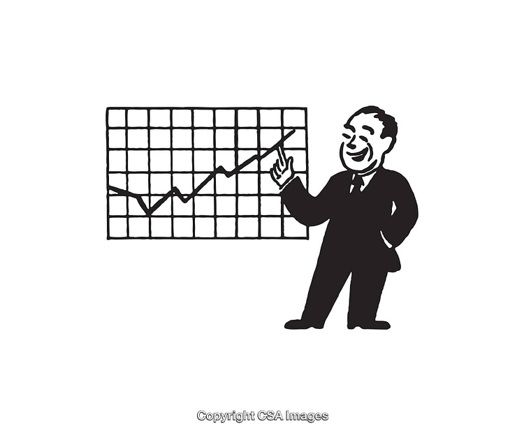 Retro Illustration of Businessman Presenting a Chart with Rising Growth