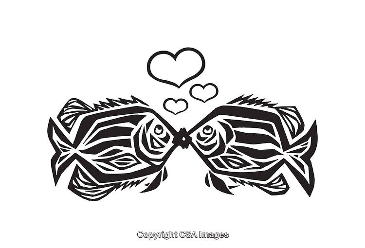 Romantic Line Art Depiction of Fish With Hearts and Expressions of Love