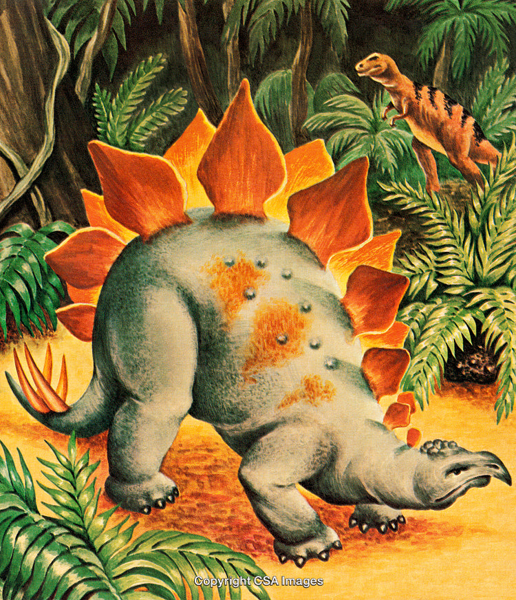 Illustrated Prehistoric Scene Featuring Various Dinosaurs in a Lush Jungle Setting