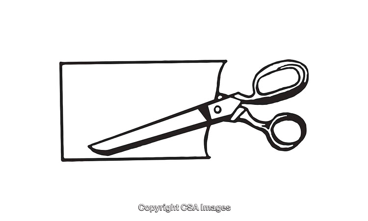 Black And White Illustration of Scissors and Paper in Line Art Style