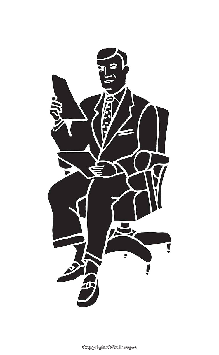 Black and White Line Art Illustration of a Businessman Reading Documents