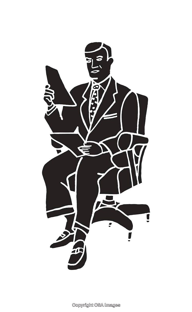 Black and White Line Art Illustration of a Businessman Reading Documents