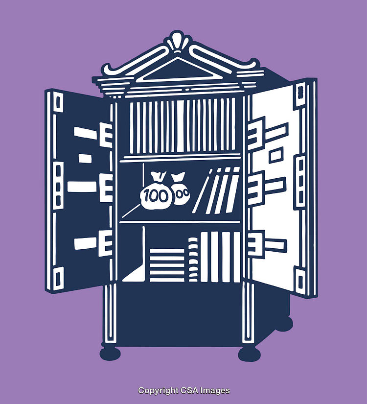 Illustrated Open Safe Containing Books and Money Bags