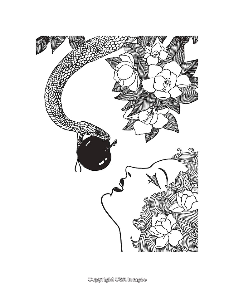 Black and White Line Art Illustration of Snake, Apple, and Floral Theme