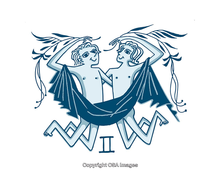Illustrated Gemini Zodiac Symbol with Dual Figures and Decorative Elements