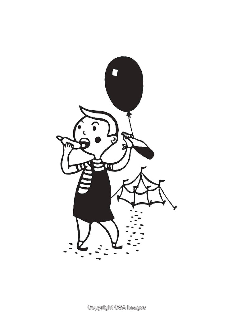Playful Child Holding Balloons and Exploring in Black and White Line Art