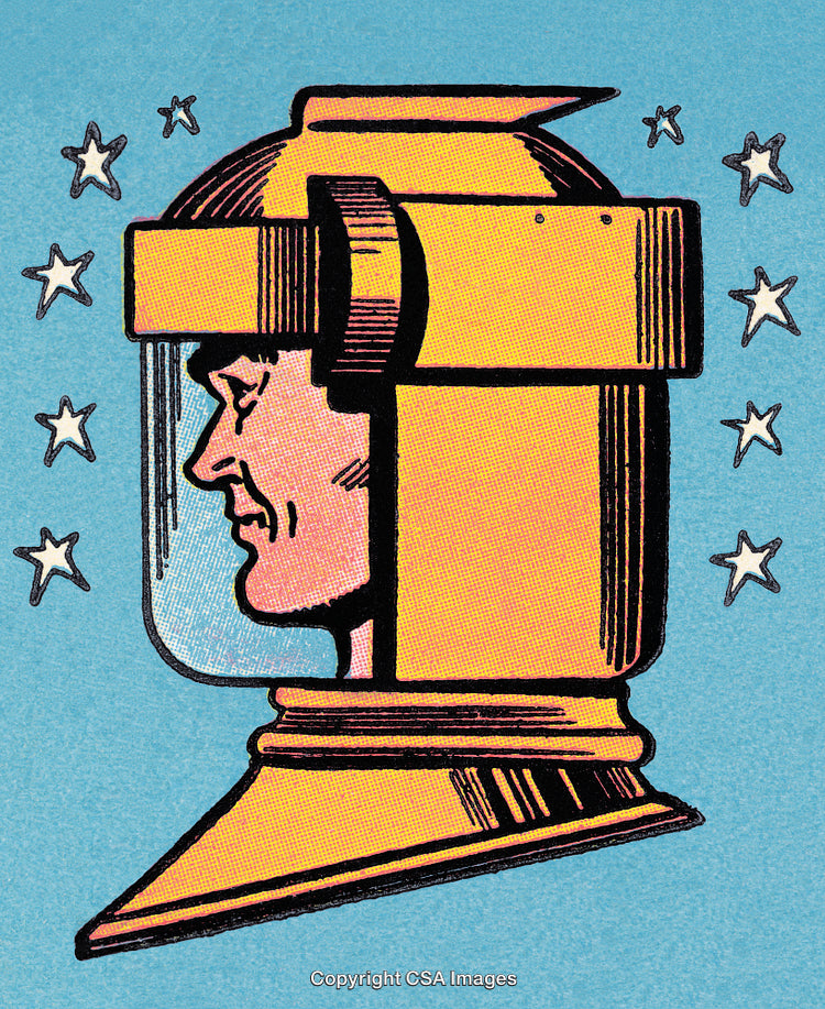 Retro Comic Illustration of Space Astronaut Looking Sideway with Star Background