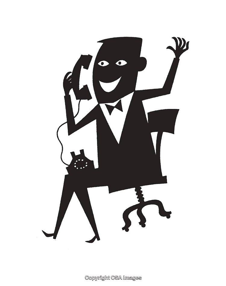 Black And White Cartoon of a Man on Telephone in Office Setting