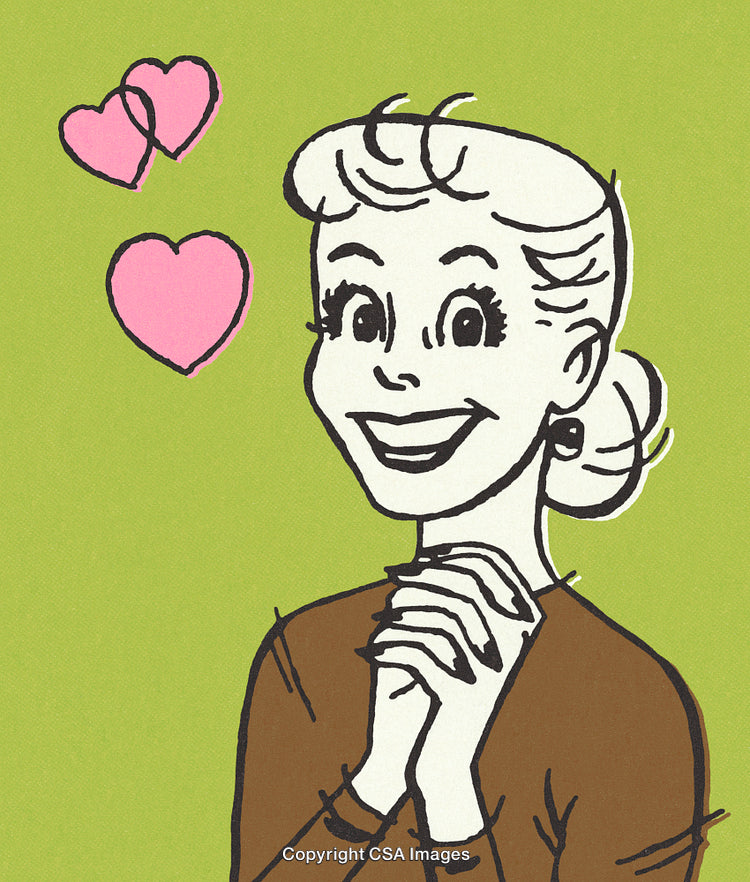 Excited Retro-Style Woman with Hearts in Vibrant Green Background