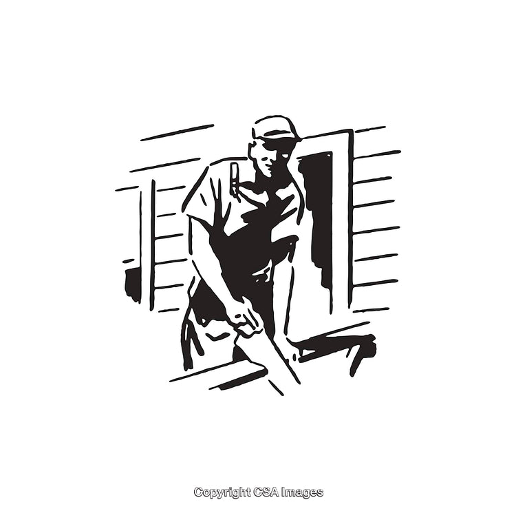 Black and White Line Art Illustration of Carpenter Using a Saw