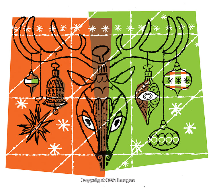 Abstract Festive Reindeer Design with Ornaments on Split Color Background
