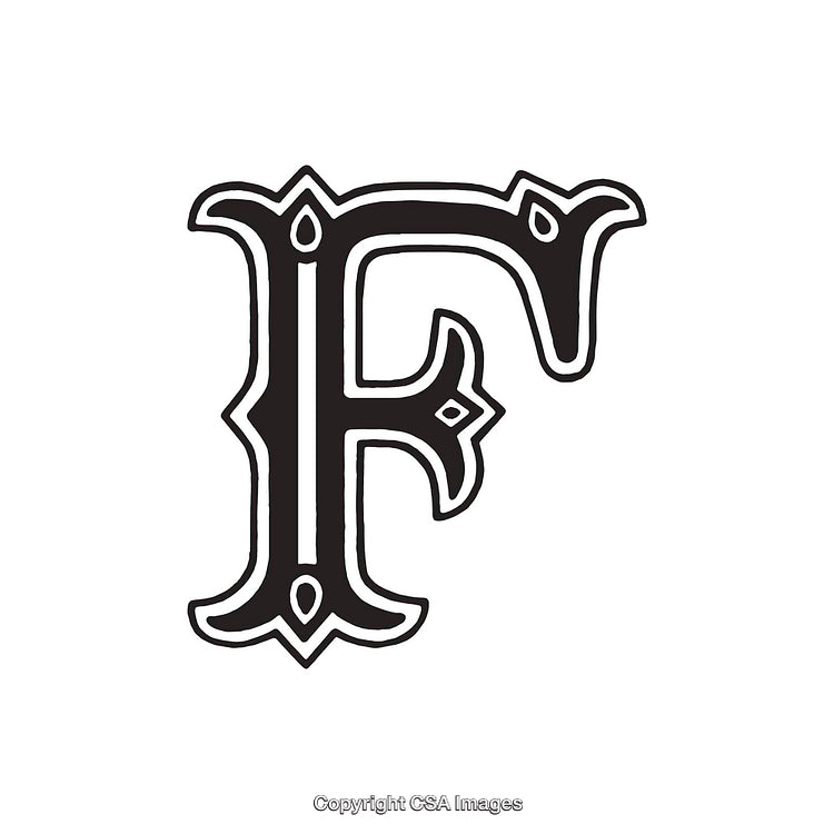 Decorative Vintage Letter F with Ornate Design in Black and White
