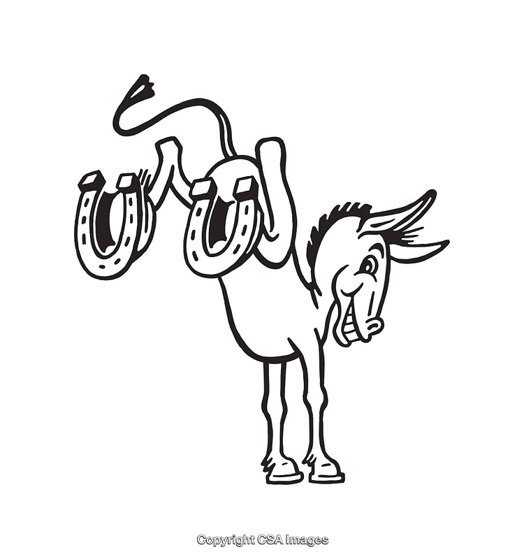 Cheerful Donkey Carrying Horseshoes in Black and White Cartoon Illustration