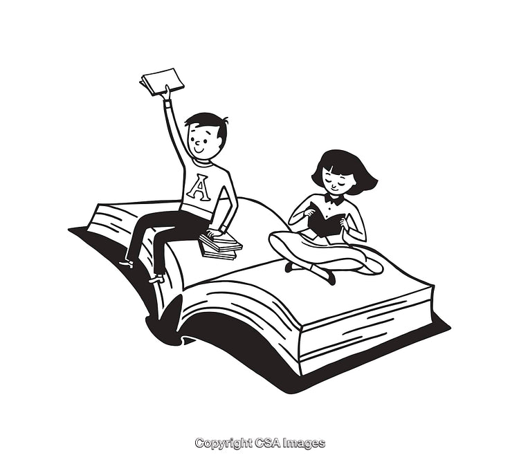 Illustration of Kids Reading Books in Black and White Line Art