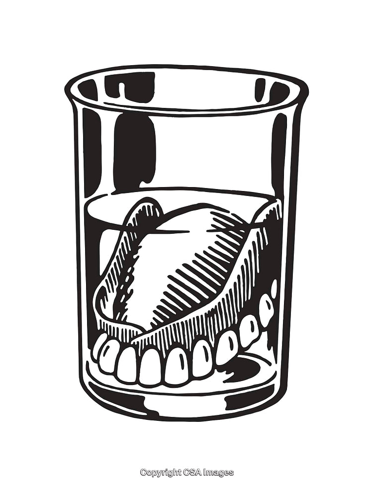 Black and White Line Artwork of Dentures in a Glass of Water