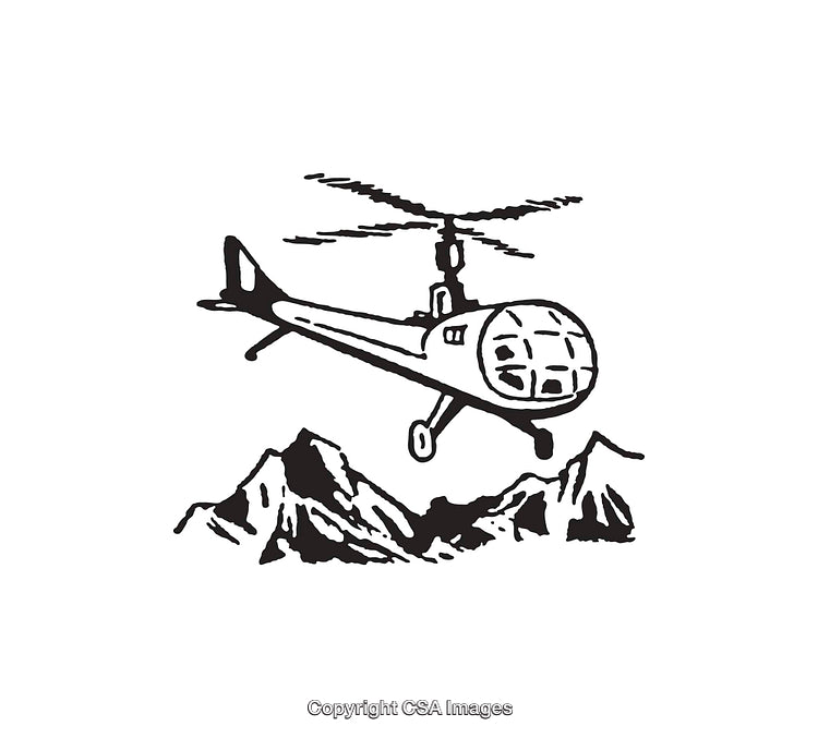 Black and White Line Art Helicopter Flying Over Mountain Range