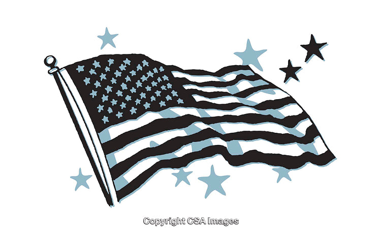 Hand-Drawn Illustration of Waving American Flag with Decorative Stars