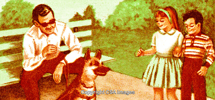 Family with a Dog Outdoors in a Vintage Illustration Style