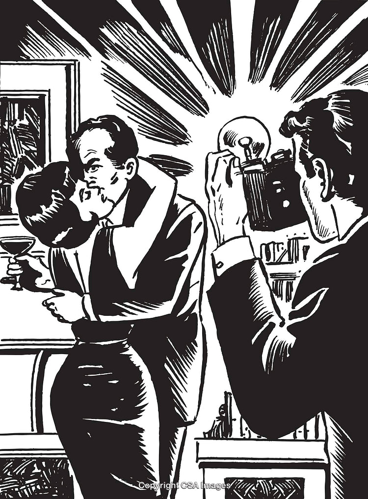 Dramatic Scene Captured of Couple and Paparazzi in Black and White Art