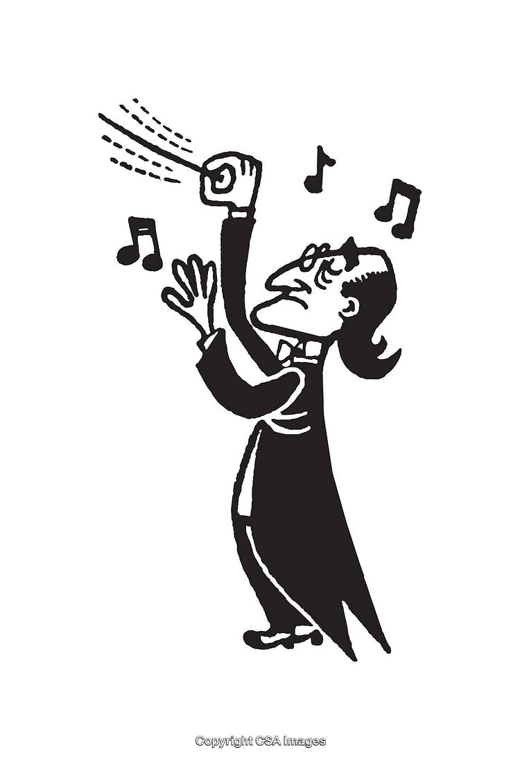 Cartoon Conductor Performing Animatedly with Musical Notes in Black and White