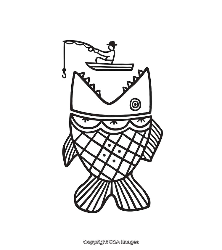 Black and White Illustration of Fantasy Fish and Fisherman in Boat