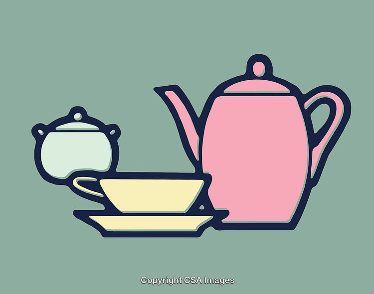 Colorful Line Art of Teapot, Tea Cup, and Sugar Bowl on Green Background