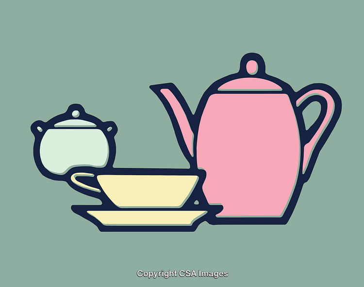 Colorful Line Art of Teapot, Tea Cup, and Sugar Bowl on Green Background