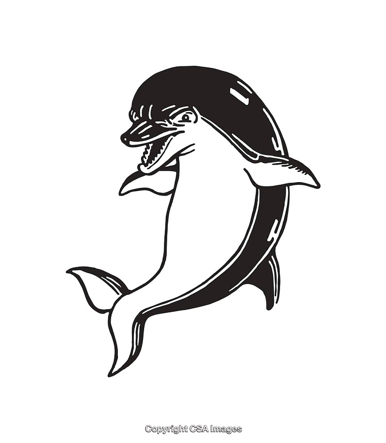 Illustration of a Joyful Dolphin in Black and White Line Art Style