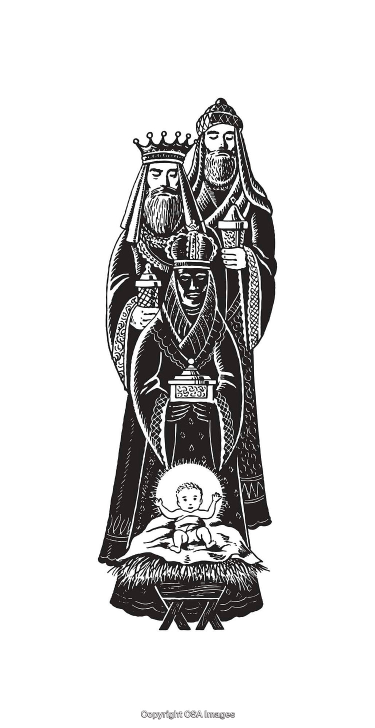 Black and White Line Art of Three Kings and Christ Child Scene