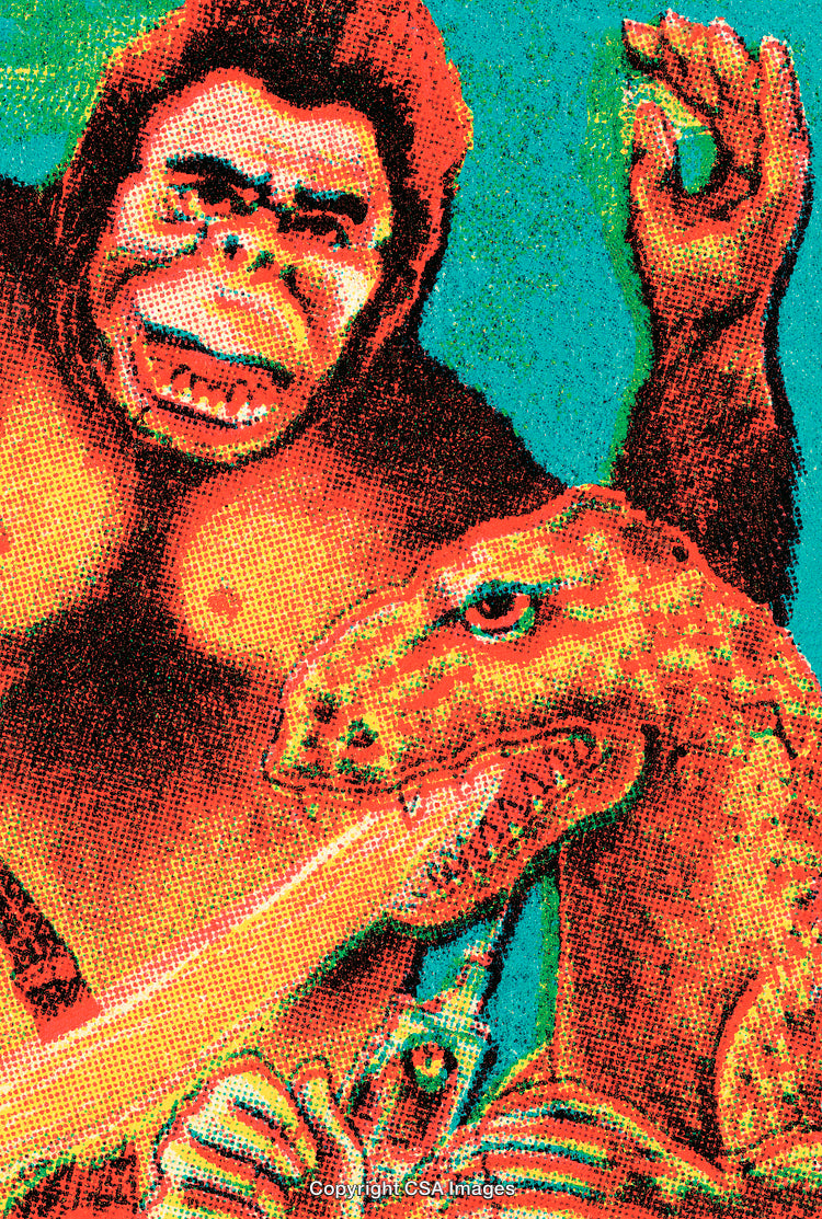 Colorful Pop-Art Styled Illustration of a Gorilla and Dinosaur in Vintage Style