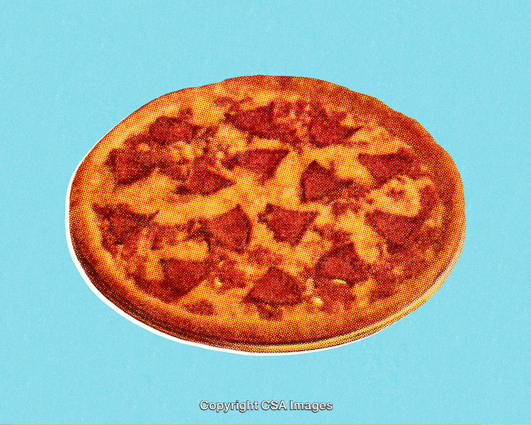 Halftone Style Pepperoni Pizza Illustration on a Vibrant Blue Background