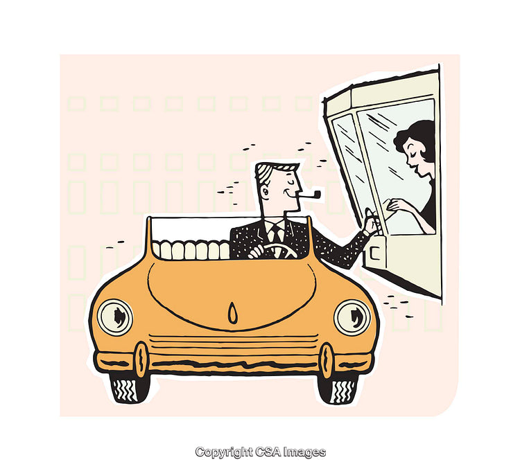 Cartoon Illustration of a Drive-Through Service Interaction