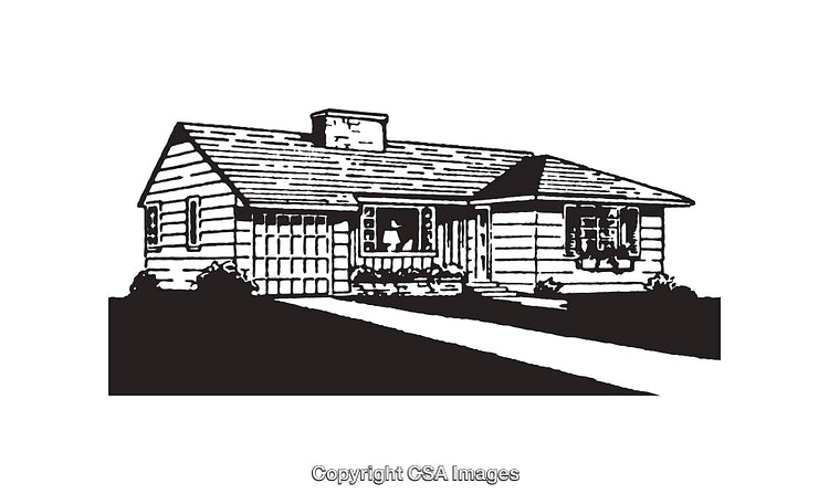 Black and White Line Art of a Suburban House Exterior with Driveway