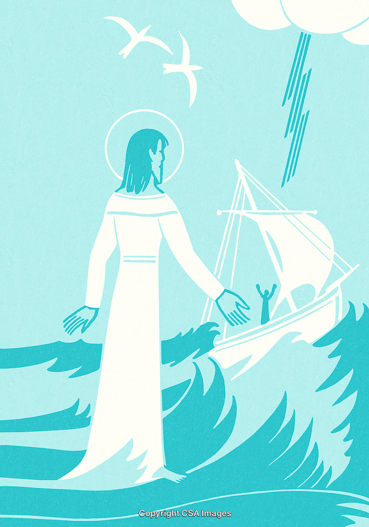 Illustration of a Religious Figure Standing on Water During a Storm at Sea