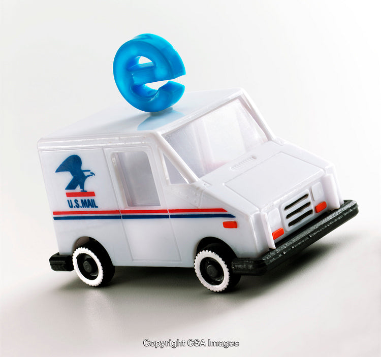 Toy US Mail Vehicle with Blue Symbol on White Background