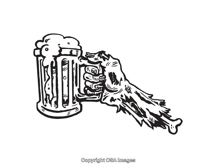 Black and White Line Art of Skeletal Hand Holding a Beer Mug