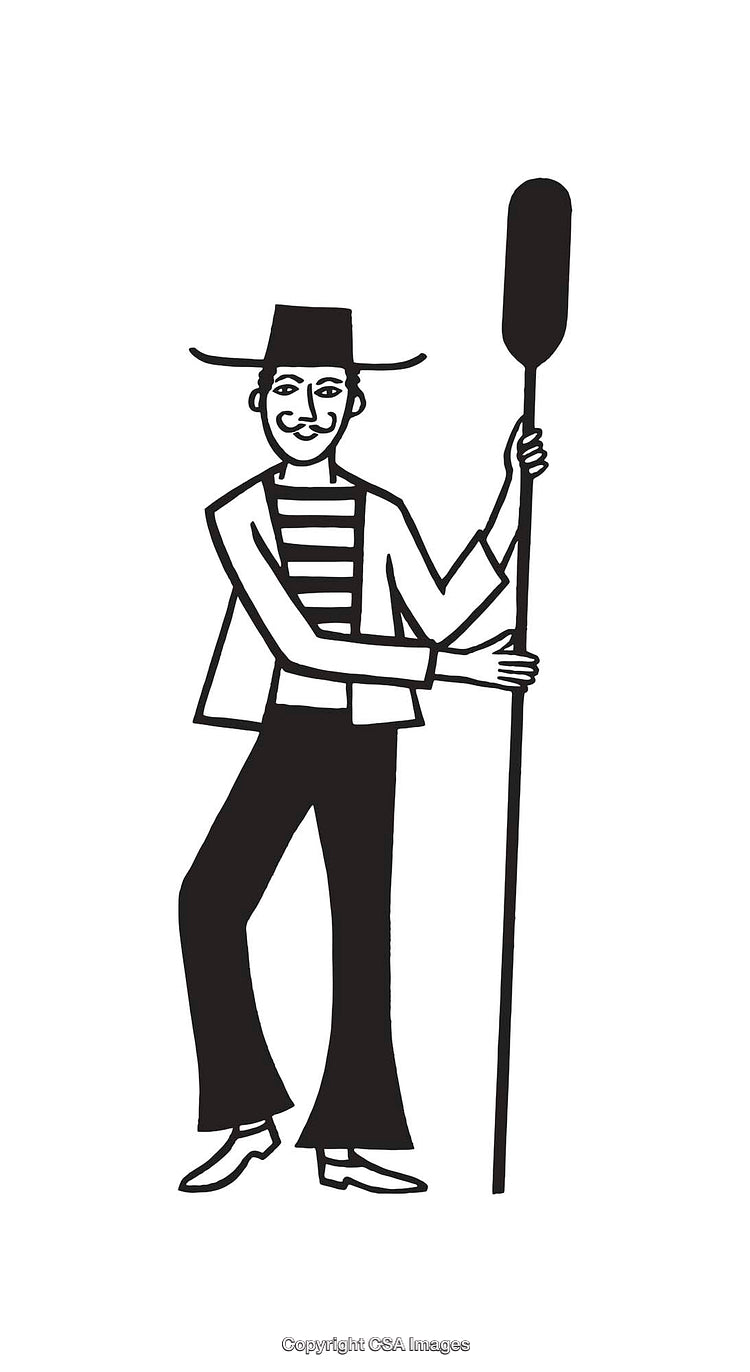 Black and White Gondolier Illustration Holding a Paddle