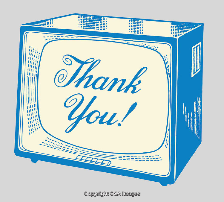Retro Styled Television With Thank You Message in Blue and Cream Colors