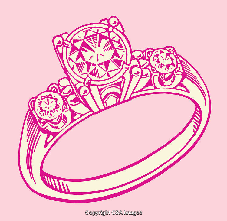 Elegant Line Art Illustration of a Diamond Ring in Pink and Cream Colors