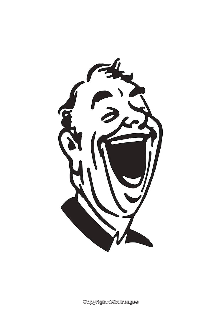 Black and White Line Art of Laughing Man with Open Mouth
