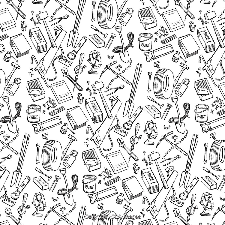 Black and White Line Art Pattern of Tools and Accessories