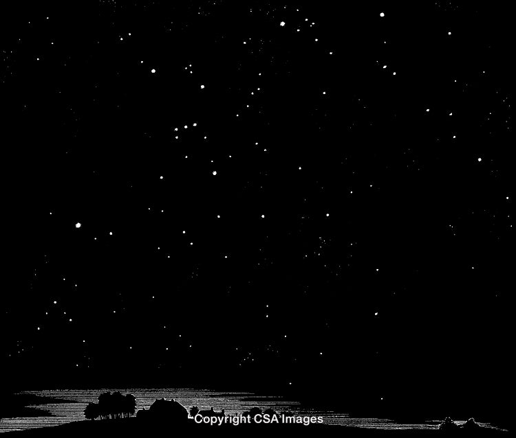 Starry Night Sky Over a Quiet Countryside Landscape in Black and White