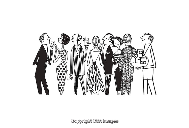 Elegant Line Art Illustration of Social Gathering in Black and White