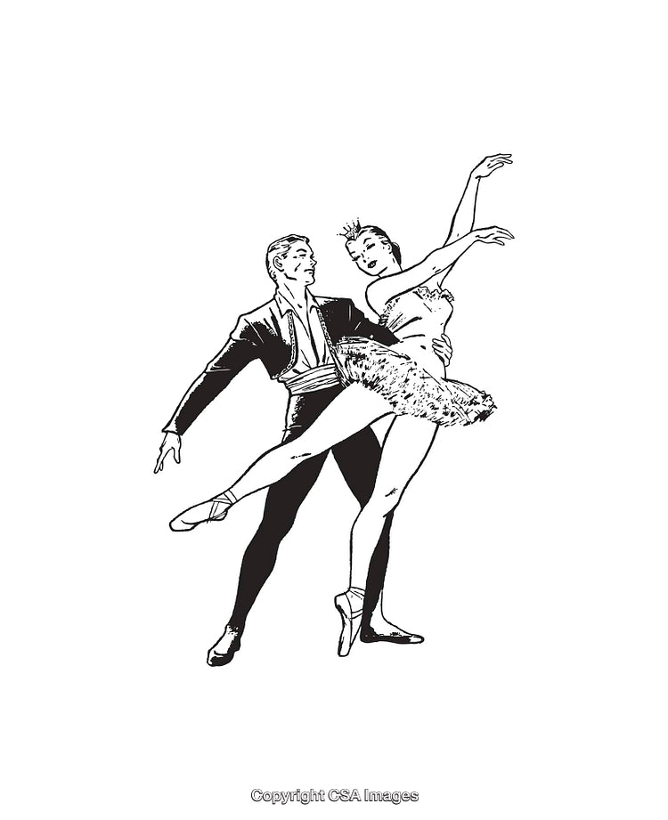 Elegant Ballet Couple Performing a Graceful Dance in Black and White Line Art